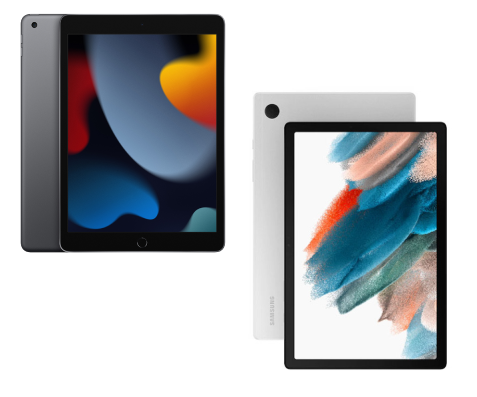 The front display of an Apple iPad on the top left and a silver Samsung Galaxy tablet on the bottom right against a white background.