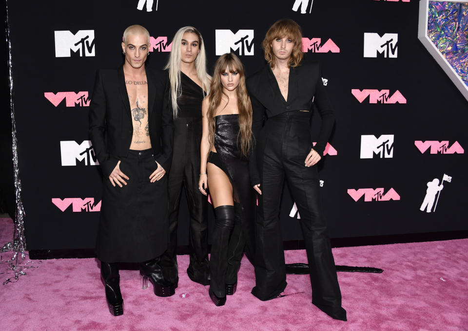 Damiano David, from left, Ethan Torchio, Victoria De Angelis, and Thomas Raggi of Maneskin arrive at the MTV Video Music Awards on Tuesday, Sept. 12, 2023, at the Prudential Center in Newark, N.J. (Photo by Evan Agostini/Invision/AP)