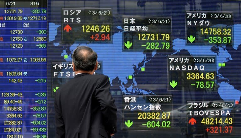 A passer-by looks at a share price board in Tokyo, on June 21, 2013. Asian markets mostly fell further Friday, extending a sell-off in line with steep losses on Wall Street after the US Federal Reserve signalled a possible end to its multi-billion-dollar stimulus programme