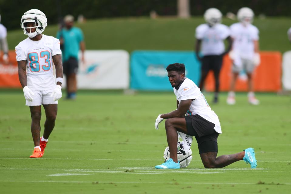 Jul 24, 2024; Miami Gardens, FL, USA; Miami Dolphins wide receiver Tyreek Hill (10) looks on during training camp at Baptist Health Training Complex. Mandatory Credit: Sam Navarro-USA TODAY Sports