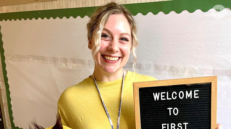 In this undated photo provided by her family and lawyers, Abigail Zwerner, a first-grade teacher at Richneck Elementary School in Newport News, Va., is shown inside her classroom.