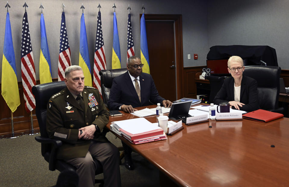 Defense Secretary Lloyd Austin, right, Chairman of the Joint Chiefs of Staff Gen. Mark Milley, and Assistant Secretary of Defense for International Security Affairs, Celeste Wallander, attend a virtual meeting of the Ukraine Defense Contact Group, Wednesday, March 15, 2023, at the Pentagon in Washington. (Andrew Caballero-Reynolds/Pool via AP)