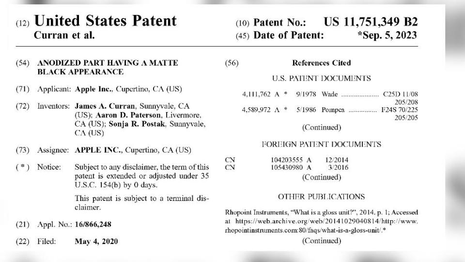 昨天公布的蘋果新註冊專利，21頁的內容指出了消光黑和電極化學技術的應用。（圖／翻攝自美國專利局）