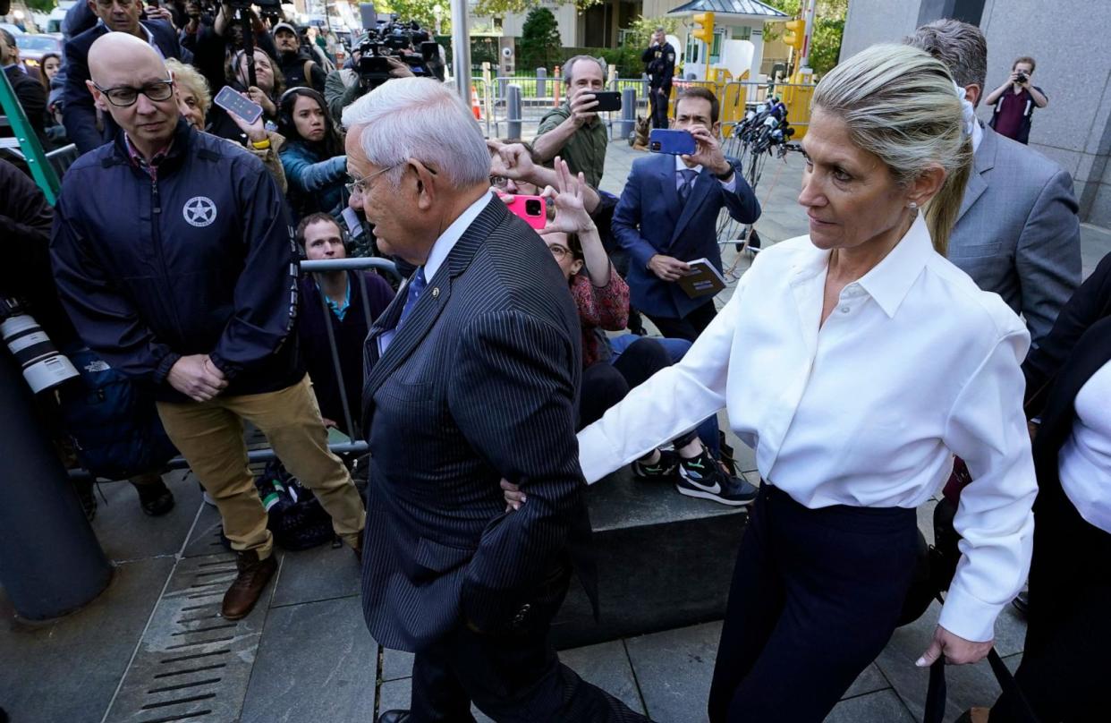 PHOTO: Senator Bob Menendez, Democrat of New Jersey, with his wife Nadine Arslanian, leaves US District Court, Southern District of New York, in New York City on Sept. 27, 2023, after their arraignment. (Timothy A. Clary/AFP via Getty Images, FILE)