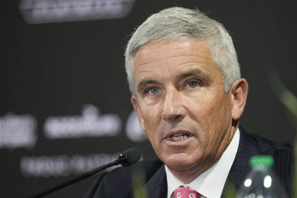PGA Tour Commissioner Jay Monahan speaks during a press conference at East Lake Golf Club prior to the start of the Tour Championship golf tournament Wednesday Aug 24, 2022, in Atlanta, Ga. (AP Photo/Steve Helber)