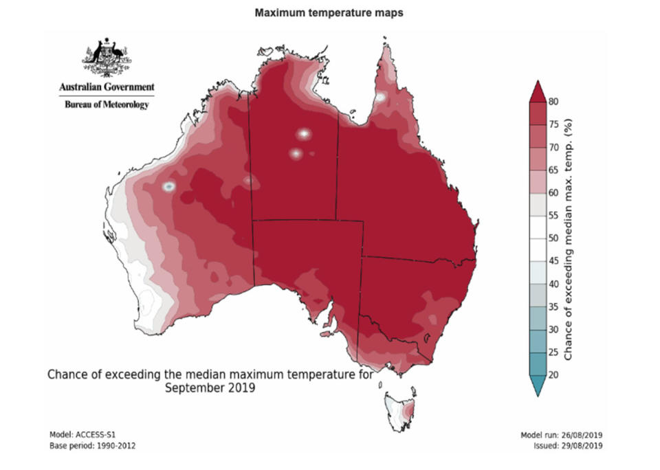 This Bureau of Meteorology maps shows there is at least an 80 per cent chance of exceeding September's median temperature across much of the country. 