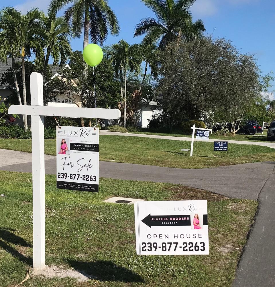 Three straight yards with for sale signs in Naples Park. During the early part of the pandemic, those were more rare, with competitive bidding for Southwest Florida and Collier County homes that often sold within hours of listing and made open houses not as necessary.