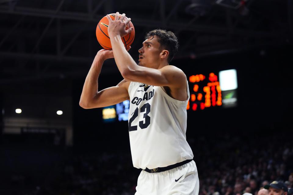 Colorado Buffaloes forward Tristan da Silva (23) lines up a basket in the second half against the California Golden Bears at the CU Events Center on Feb. 28 in Boulder.