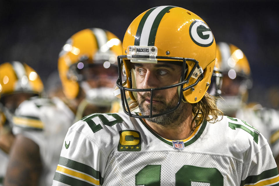 DETROIT, MICHIGAN - JANUARY 09: Aaron Rodgers #12 of the Green Bay Packers looks on before the game against the Detroit Lions at Ford Field on January 09, 2022 in Detroit, Michigan. (Photo by Nic Antaya/Getty Images)