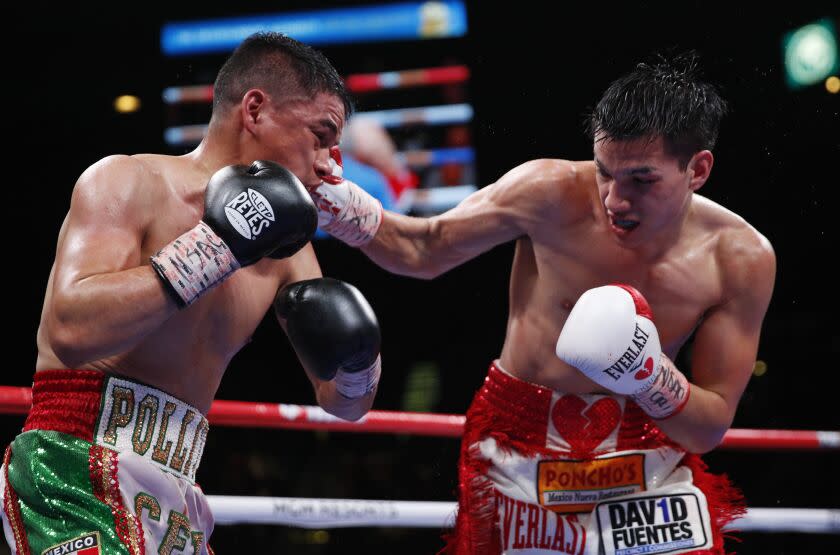 Brandon Figueroa lands a right to Julio Ceja in a super bantamweight boxing bout Saturday, Nov. 23, 2019, in Las Vegas. (AP Photo/John Locher)