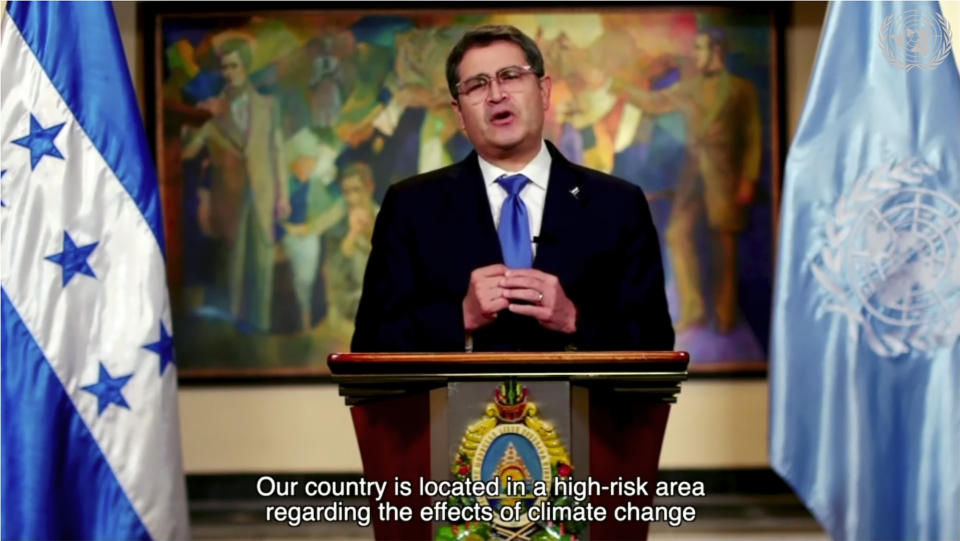 In this image made from UNTV video, Juan Orlando Hernandez Alvarado, President of Honduras, speaks in a pre-recorded message which was played during the U.N. General Assembly's special session to discuss the response to COVID-19 and the best path to recovery from the pandemic, Thursday, Dec. 3, 2020, at U.N. headquarters, in New York. (UNTV via AP)