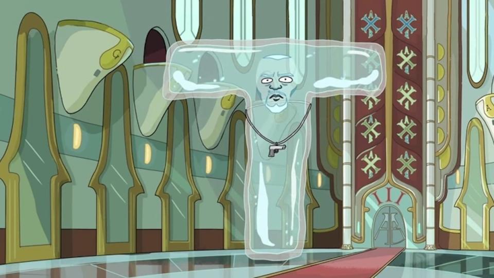 Water T in a royal hall on Rick and Morty