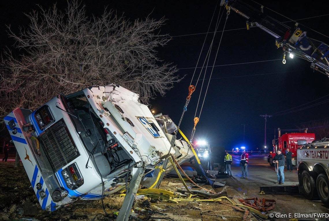 Four Fort Worth firefighters were injured, one of them critically, in a crash early Tuesday morning, Feb. 6, 2024 at Wilbarger Street and Village Creek Road, near the Eugene McCray Community Center. They were responding to a house fire when their truck flipped.