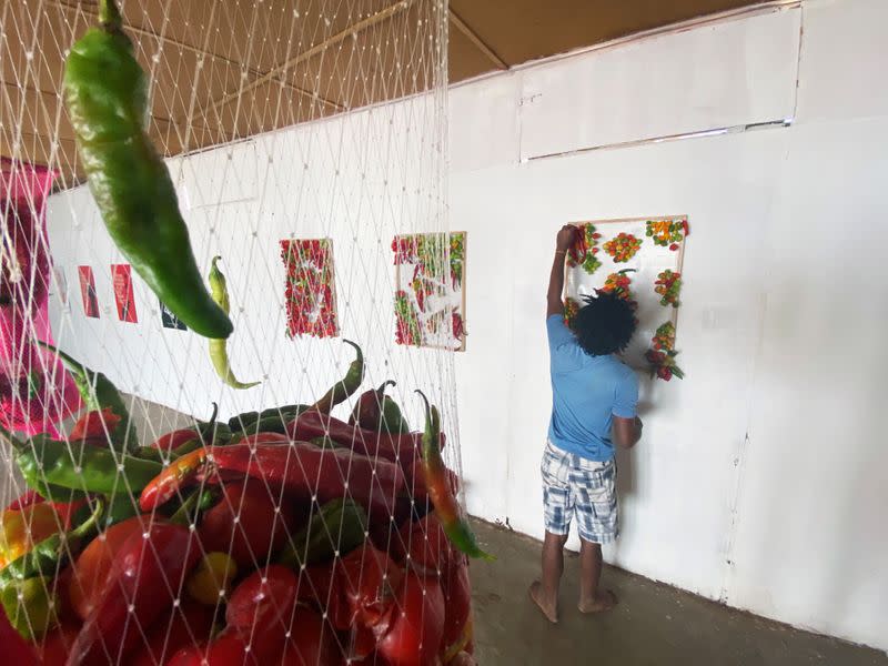 Nigerian artist Fela Keko sets up an exhibition of fresh pepper motive at a gallery in Iwaya, Lagos