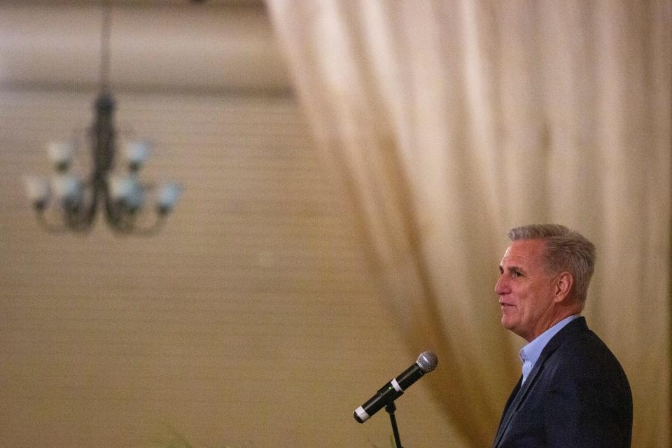 House Speaker Kevin McCarthy speaks to the crowd a rally for former Rep. Yvette Herrell on Monday, April 10, 2023, at New Mexico Farm and Ranch Heritage Museum. 