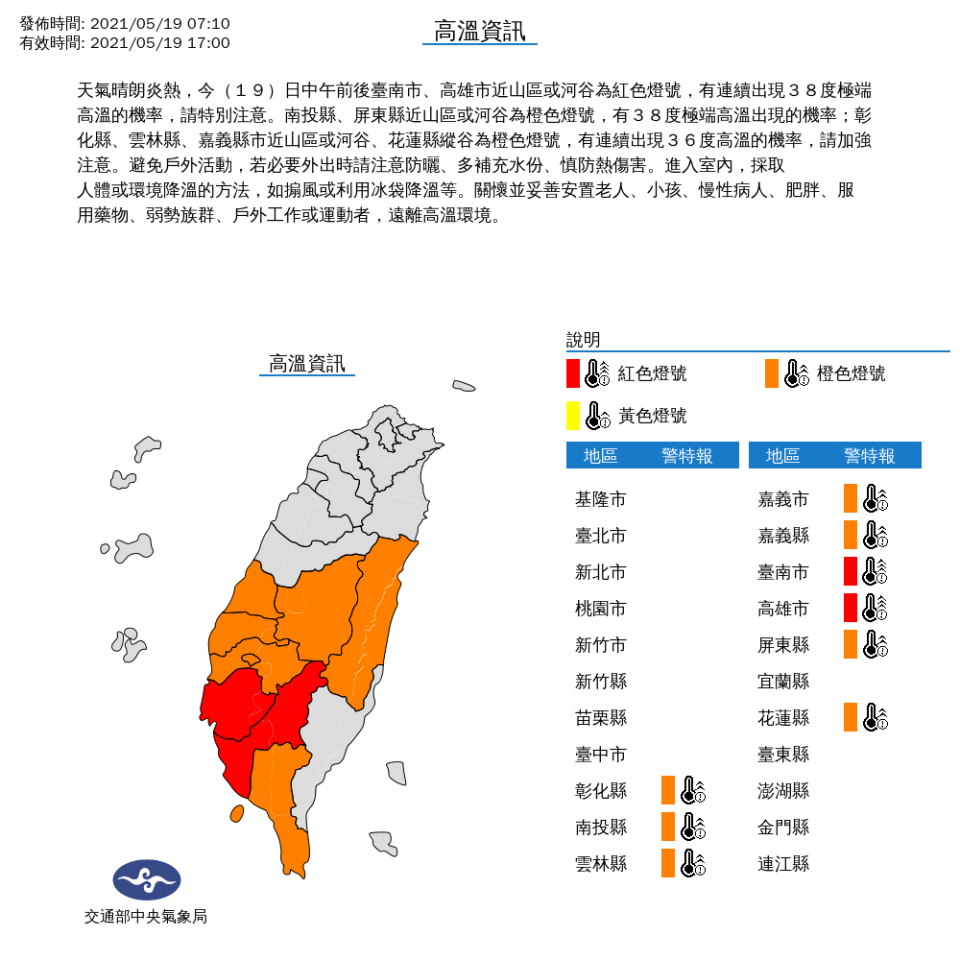 氣象局針對9縣市發出高溫警報。（氣象局提供）