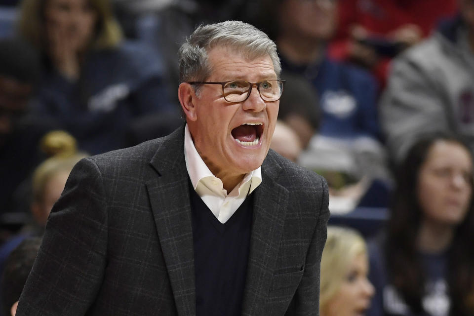 Connecticut head coach Geno Auriemma reacts in the second half of an NCAA college basketball game against Memphis, Friday, Feb. 7, 2020, in Storrs, Conn. (AP Photo/Jessica Hill)