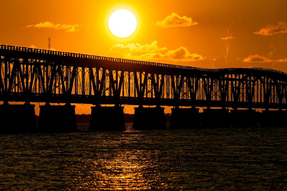 Sunset over Henry Flagler’s Over-the-Sea railroad at Bahia Honda State Park near Big Pine Key on Monday, Oct. 11, 2021.