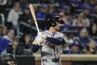 Atlanta Braves' Matt Olson follows through on a two-run home run against the New York Mets during the third inning of a baseball game Friday, May 10, 2024, in New York. (AP Photo/Frank Franklin II)