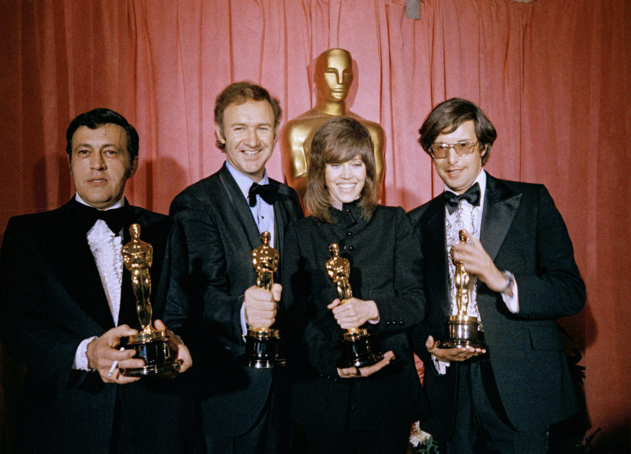 From left; Philip D'Antoni, Gene Hackman, Jane Fonda, and William Friedkin, winner of 