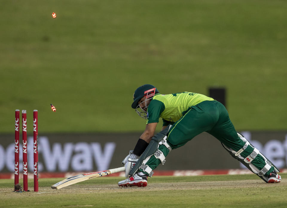 Pakistan's batsman Mohammad Rizwan is stumped for a duck by South Africa's bowler Bjorn Fortuin for a duck during the fourth and final T20 cricket match between South Africa and Pakistan at Centurion Park in Pretoria, South Africa, Friday, April 16, 2021. (AP Photo/Themba Hadebe)