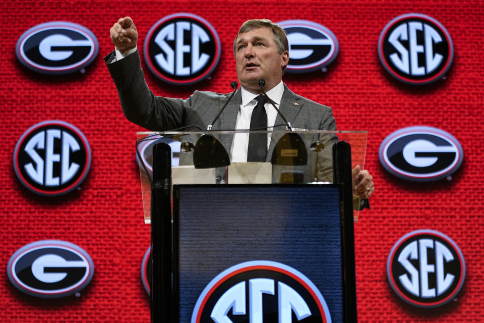 Georgia head coach Kirby Smart speaks during NCAA college football Southeastern Conference Media Days, Tuesday, July 18, 2023, in Nashville, Tenn. (AP Photo/George Walker IV)