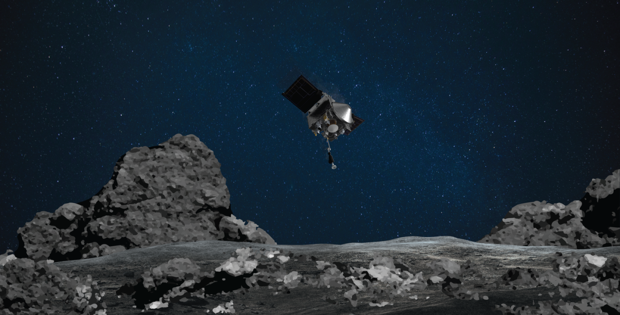 <span class="caption">This artist's rendering shows OSIRIS-REx spacecraft descending toward asteroid Bennu to collect a sample of the asteroid’s surface.</span> <span class="attribution"><a class="link " href="https://www.nasa.gov/sites/default/files/thumbnails/image/updatedtagpose.png" rel="nofollow noopener" target="_blank" data-ylk="slk:NASA/Goddard/University of Arizona;elm:context_link;itc:0;sec:content-canvas">NASA/Goddard/University of Arizona</a></span>