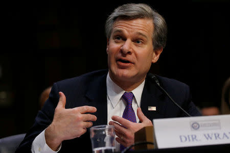 Federal Bureau of Investigation (FBI) Director Christopher Wray testifies during a Senate Intelligence Committee hearing on "Worldwide Threats" on Capitol Hill in Washington, U.S., February 13, 2018. REUTERS/Leah Millis