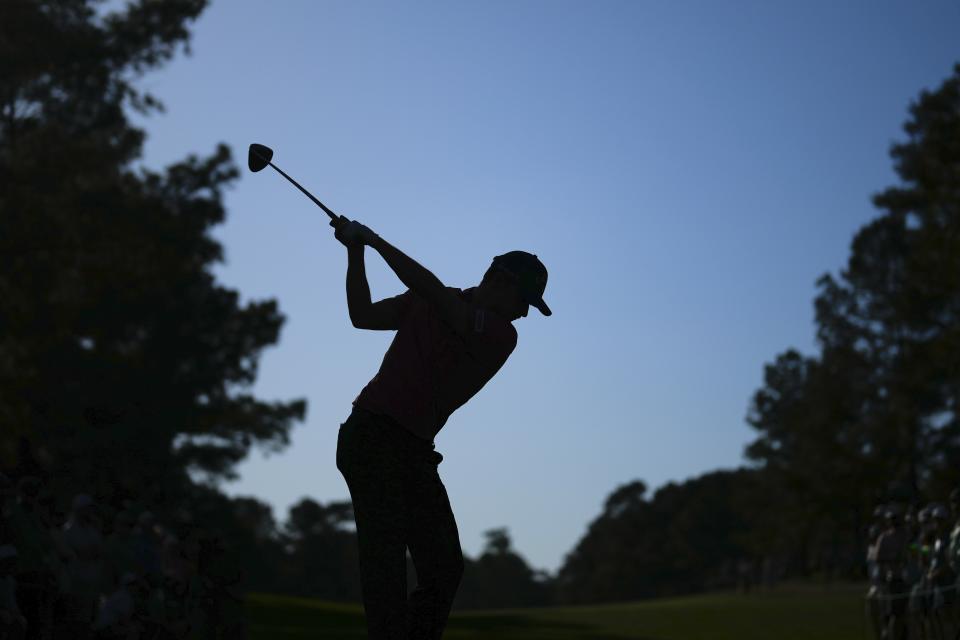 Nicolai Hojgaard, of Denmark, hits his tee shot on the 15th hole during third round at the Masters golf tournament at Augusta National Golf Club Saturday, April 13, 2024, in Augusta, Ga. (AP Photo/Matt Slocum)