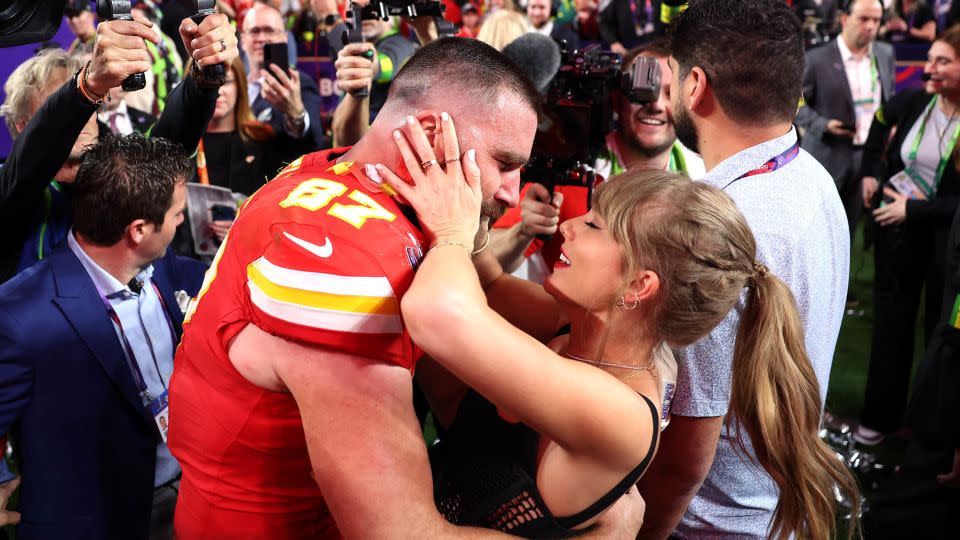 (From left) Travis Kelce and Taylor Swift celebrate the Kansas City Chiefs' Super Bowl LVIII win over the San Francisco 49ers in Las Vegas in February. - Ezra Shaw/Getty Images