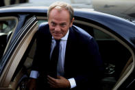 European Council President Donald Tusk arrives at the presidential palace for a meeting with Cyprus' President Nicos Anastasiades in divided capital Nicosia, Cyprus, Friday, Oct. 11, 2019. Tusk is in Cyprus for one-day visit. (AP Photo/Petros Karadjias)