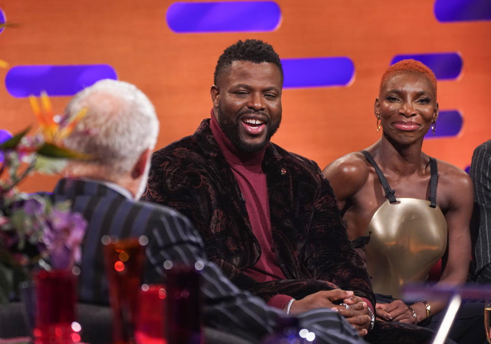 EDITORIAL USE ONLY Graham Norton, Winston Duke and Michaela Coel during the filming for the Graham Norton Show at BBC Studioworks 6 Television Centre, Wood Lane, London, to be aired on BBC One on Friday evening. Picture date: Thursday November 3, 2022.