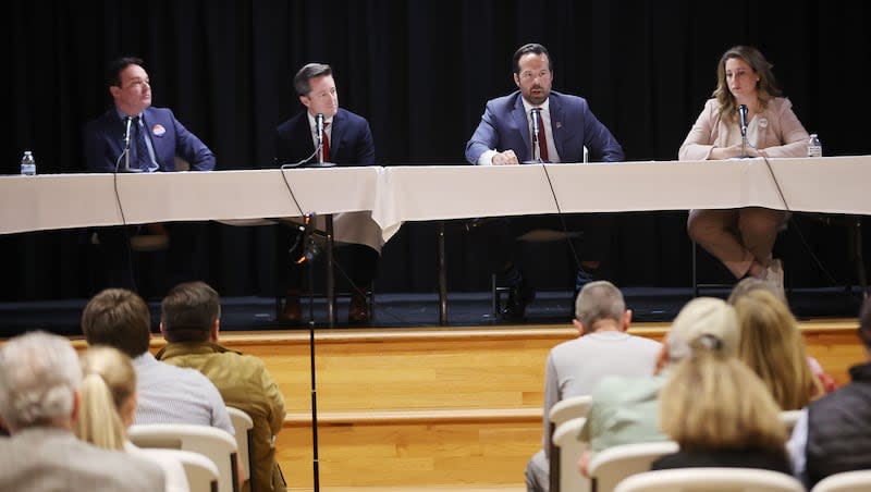 Republican Utah attorney general candidates Frank Mylar, Derek Brown, Trent Christensen and Rachel Terry speak to attendees at the Holladay City Hall in Holladay on Thursday, April 4, 2024.