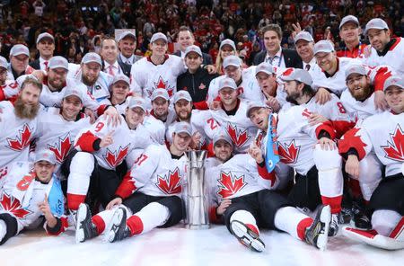 Sep 29, 2016; Toronto, Ontario, Canada; Team Canada players pose for a team photo after defeating Team Europe in game two of the World Cup of Hockey final at Air Canada Centre. Mandatory Credit: Bruce Bennett/Pool Photo via USA TODAY Sports