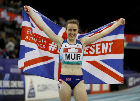 Athletics - IAAF World Indoor Tour - Birmingham Indoor Grand Prix - Arena Birmingham, Birmingham, Britain - February 16, 2019 Britain's Laura Muir celebrates winning the women's one mile Final and setting a new national indoor record Action Images via Reuters/Matthew Childs