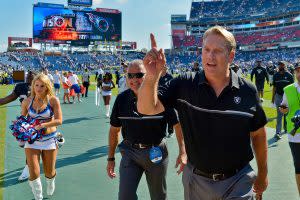 Sep 25, 2016; Nashville, TN, USA; Oakland Raiders head coach Jack Del Rio (R) walks off the field after defeating the Tennessee Titans17-10 at Nissan Stadium. Mandatory Credit: Jim Brown-USA TODAY Sports