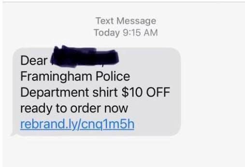 The Framingham Police Department shared this image of a text message that uses the department's name as part of a phishing scam.