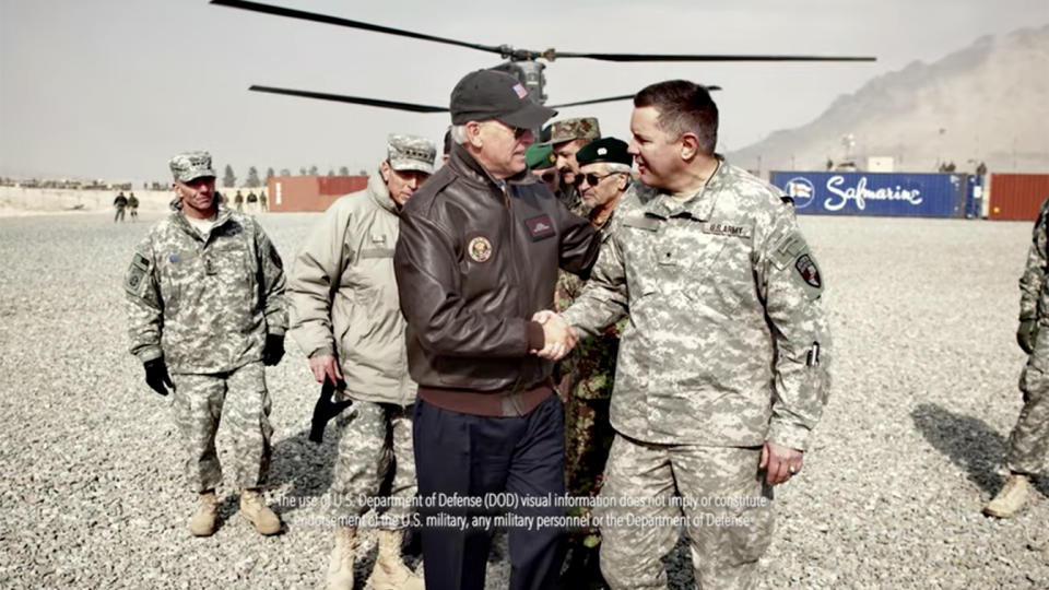 Joe Biden is seen with members of the military  in a screengrab from "Sergeant King | Joe Biden For President 2020" ad. (via YouTube)