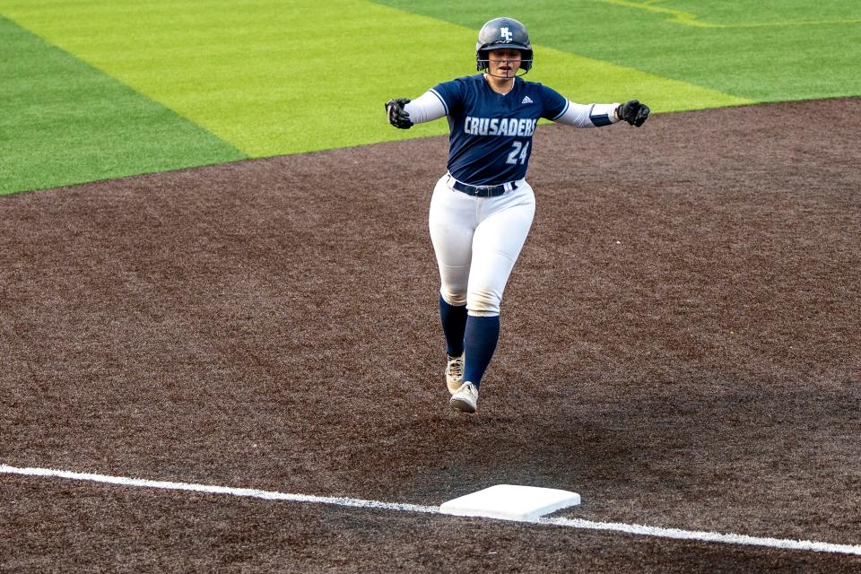 Morris Catholic takes on St. Joseph Academy in the Non-Public B softball state finals at Kean University in Union, NJ on Friday, June 9, 2023. MC #24 Kate Heslin celebrates as she makes her way to third base. 