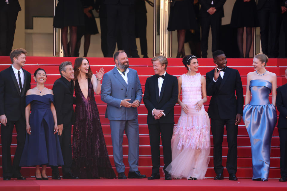CANNES, FRANCE - MAY 17: (L-R) Joe Alwyn, Hong Chau, Willem Dafoe, Emma Stone, Yorgos Lanthimos, Jesse Plemons, Margaret Qualley, Mamoudou Athie and Hunter Schafer attend the "Kinds Of Kindness" Red Carpet at the 77th annual Cannes Film Festival at Palais des Festivals on May 17, 2024 in Cannes, France. (Photo by Victor Boyko/Getty Images)