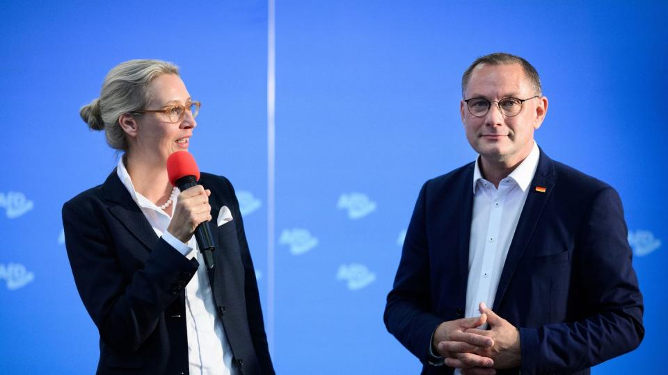 Das Führungsduo Alice Weidel und Tino Chrupalla strebt beim AfD-Parteitag eine Wiederwahl an (Bild: dpa)