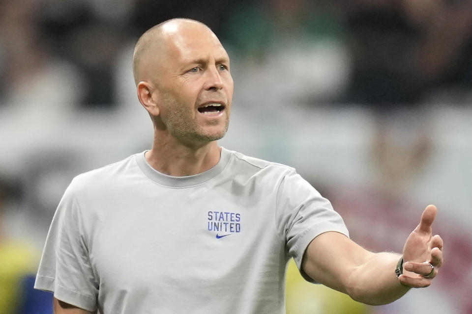 Head coach Gregg Berhalter of the United States follows the game during the World Cup group B soccer match between England and The United States, at the Al Bayt Stadium in Al Khor, Qatar, Friday, Nov. 25, 2022. (AP Photo/Andre Penner)