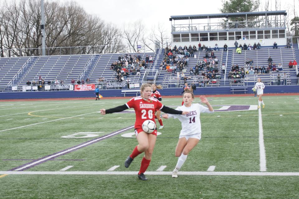 Sauquoit Valley Senior Kailee Gurtler and Byron-Bergen sophomore Ella Dischiavo battle for the ball in the New York State Girls Soccer Class C Semifinal. The Indians defeated the Bees 2-1 on November 12, 2022, in Cortland, NY.