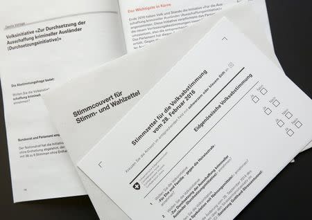 The official documents for the vote of the initiative to deport foreign criminals (Durchsetzungsinitiative) are pictured in Bern, Switzerland February 15, 2016. REUTERS/Ruben Sprich