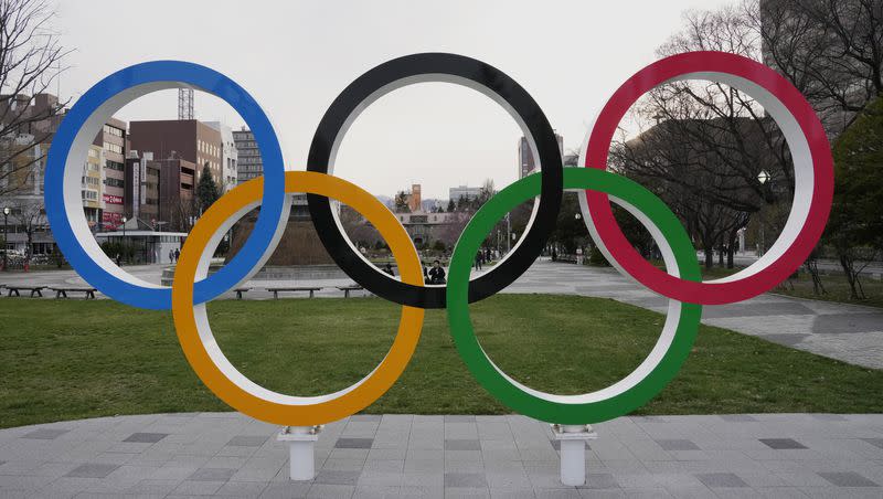 The Olympic rings are displayed in Sapporo, northern Japan, Saturday, April 15, 2023. The newly reelected president of the Japanese Olympic Committee, Yasuhiro Yamashita, is continuing to raise doubts about Sapporo staying in the race for the next Winter Games to be awarded.