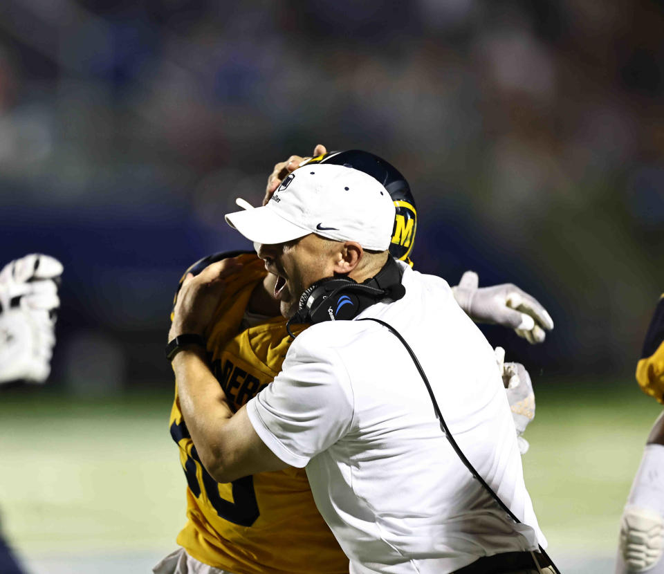 Moeller head coach Mark Elder reacts in the football game between Moeller and St. Xavier high schools, Friday, Sept.16, 2022.