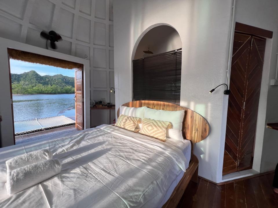 A bedroom in the floating coconut home.