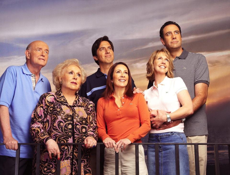 The cast of long-running sitcom "Everybody Loves Raymond," from left : Peter Boyle, Doris Roberts, Ray Romano, Patricia Heaton, Monica Horan and Brad Garrett.