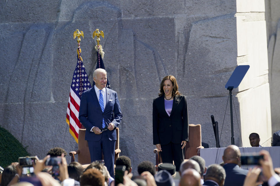 President Joe Biden and Vice President Kamala Harris arrive at an event marking the 10th anniversary of the dedication of the Martin Luther King, Jr. Memorial in Washington, Thursday, Oct. 21, 2021. (AP Photo/Susan Walsh)