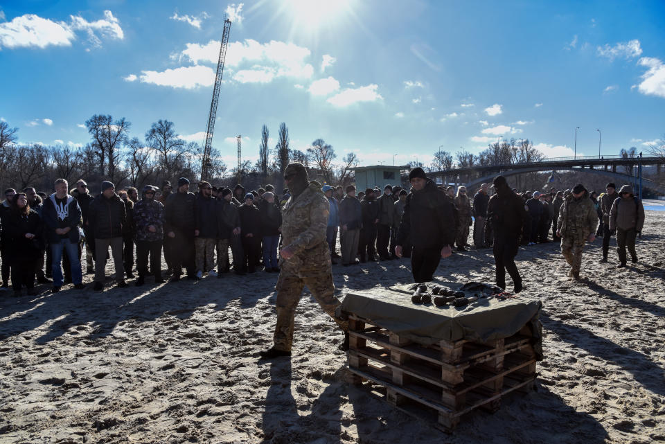 KYIV, UKRAINE - FEBRUARY 13, 2022 - People are gathered for an open civil defence drill in metropolitan Hydropark, Kyiv, capital of Ukraine (Photo credit should read Olena Khudiakova/ Ukrinform/Future Publishing via Getty Images)